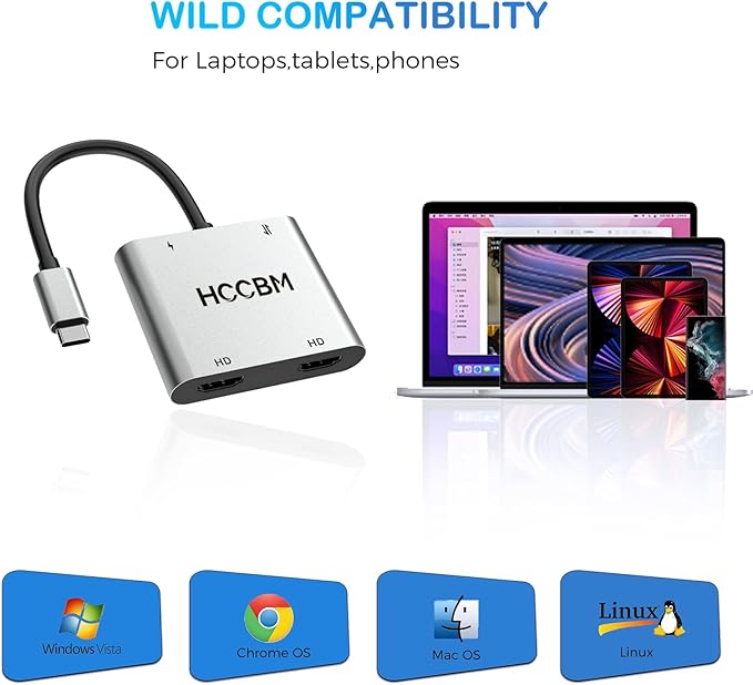 USB C to Dual HDMI Adapter, Dual Monitors Adapter USB C Hub with 2 HDMI, USB-A, 100W PD Docking Station 4K @60hz for MacBook HP Dell Surface Thinkpad…