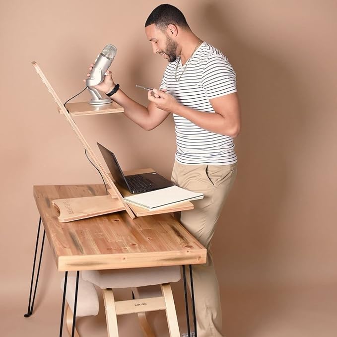 Sleekform Standing Desk Converter - Elevation Stand, Laptop Riser, Adjustable Height Sit to Stand Desk Converter Workstation for Office and Home, Table Top Wood Portable
