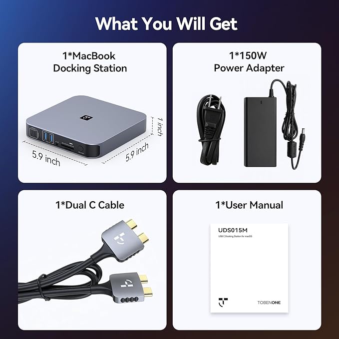 TobenONE 18-in-2 Docking Station Dual Monitor for MacBook Pro/Air M5/M4/M3/M2/M1 Pro/Max, Plug and Play, Mac Docking Station with 4K@60Hz HDMI&USB-C, 150W Adapter, 10Gbps/PD 30W, 7 USB, 2.5G Ethernet