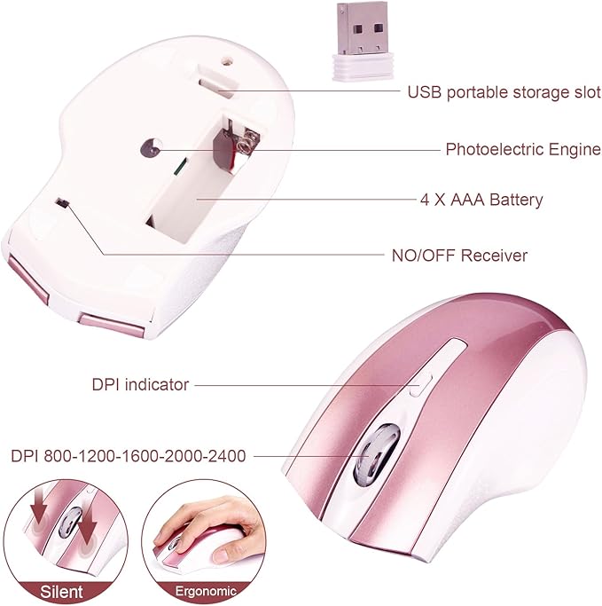 Wireless Keyboard and Mouse Set, 2.4G USB Silent Ultra-Thin Compact Full-Size Keyboard, Compatible with PC, Windows, Mac, MacBook (Rose Gold)