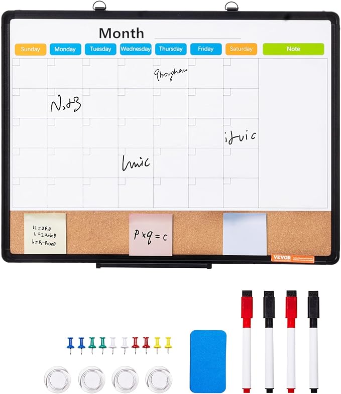 VEVOR 24"x 18" Monthly Calendar Whiteboard & Cork Board Combo with Aluminum Frame – 2-in-1 Magnetic Dry Erase Bulletin Board for Wall Mount – Ideal for School, Home, Office