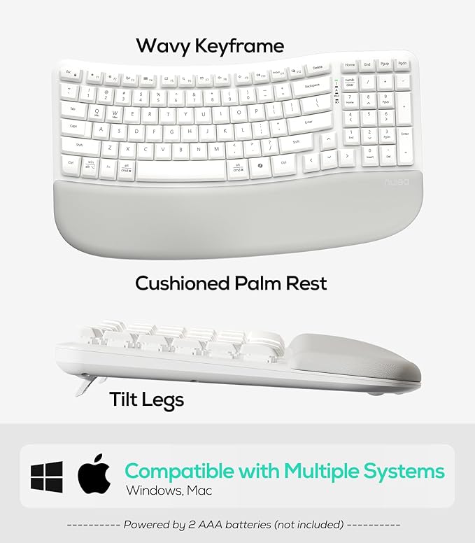 Nulea RT08 Wave Keys Wireless Ergonomic Keyboard with Cushioned Palm Rest, 2.4GHz Ergo Cordless USB Computer Keyboard, Comfortable Natural Typing, for Laptop, Mac, Windows (White)