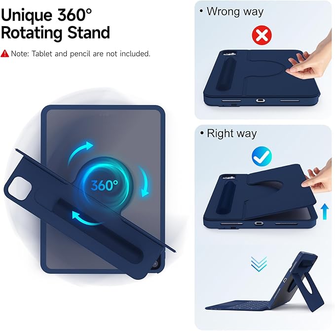 Rotatable Detachable Magnetic Keyboard Case for iPad A16 11th/10th Gen, with Larger-Touch Trackpad, Shockproof Bumper, Support Portrait, Magnetic Pencil Holder, Backlight,Full Protect, Blue