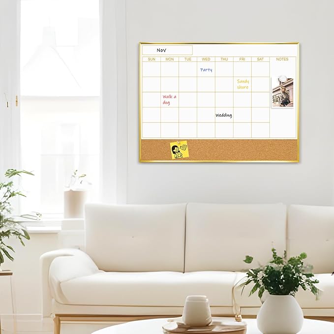Dry Erase Calendar Whiteboard and Cork Board Combo, 24'' x 18'', Monthly White Board, Wall Hanging, Gold Aluminum Frame, for Home Office School