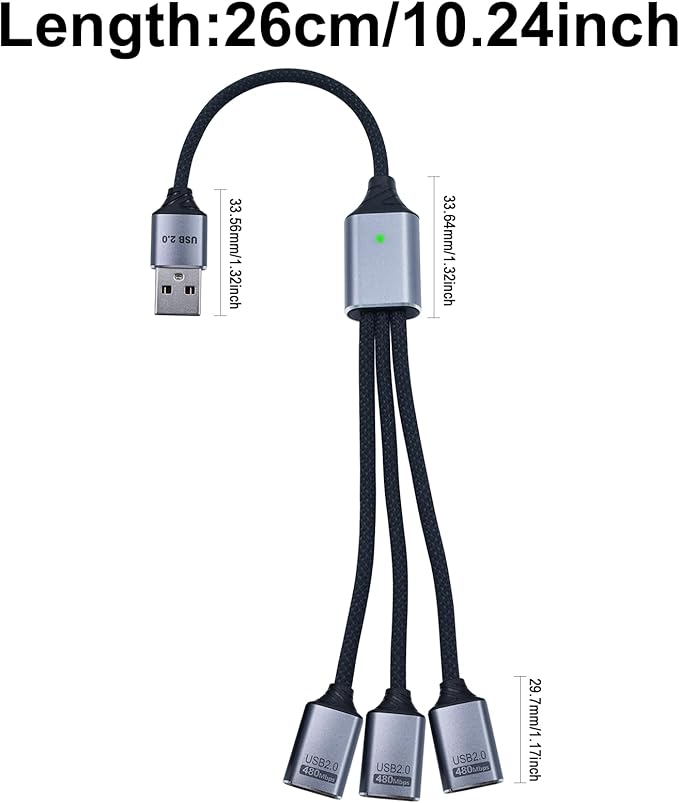 Danfetsoy USB Y Splitter 1 in 3 Out, USB Splitter Cable Type A 1 Male to 3 Female Charging Power Data Cable, 3 Port HUB for PC, Laptop, MacBook, Keyboard, PS5, Flash Drive, LED, 25cm