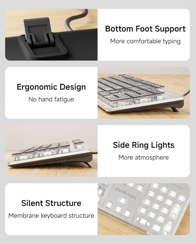 EWEADN GX710S Backlit Computer Keyboards, Wired USB Keyboard with White Backlit, Metal Panel, Plug and Play, Pudding Keycaps Full Size Quite Computer Keyboard for Win/PC/Laptop-Black