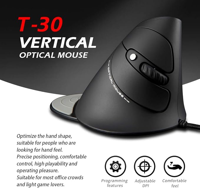zelotes Wired Vertical Mouse,3200DPI,6 Buttons,Removable Wrist Rest,Ergonomic Design,LED Illumination,USB Optical Mouse for Laptop,PC,Mac,Black