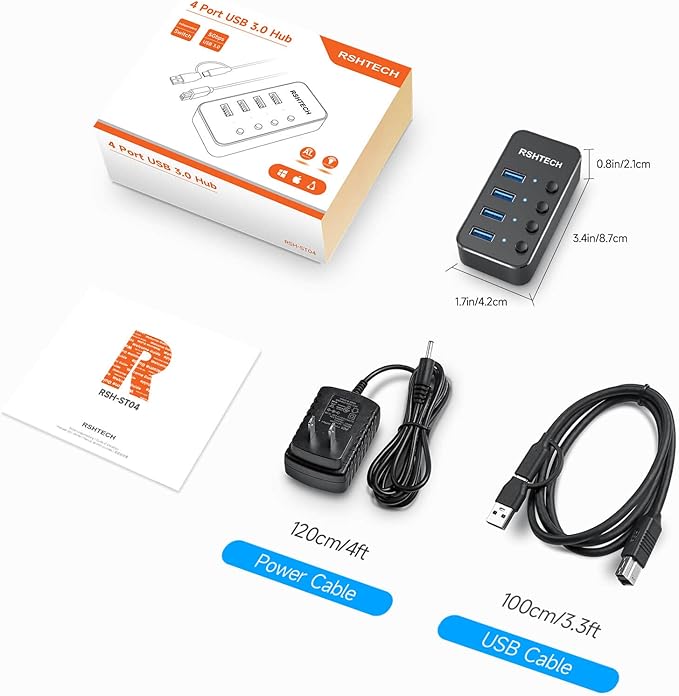 RSHTECH 4 Port Powered USB 3.0/USB C Hub Upgraded Version with 2-in-1 3.3ft USB Cable,5V Power Adapter and Individual Switches, Portable Aluminum USB Splitter for Laptop and PC, RSH-ST04