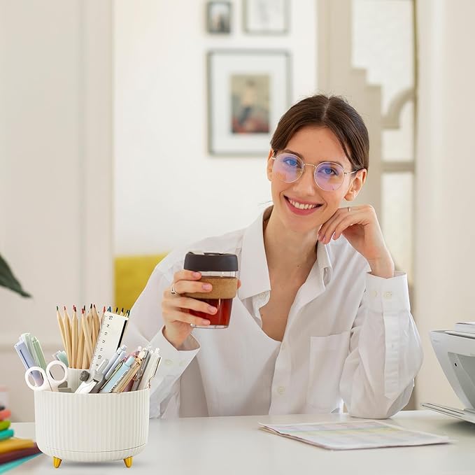 SKYDUE 360 Rotating Plastic Desk Pen Organizer with 5 Slots, Dual-Purpose Art Supply Pencil Cup for Office, School, Home