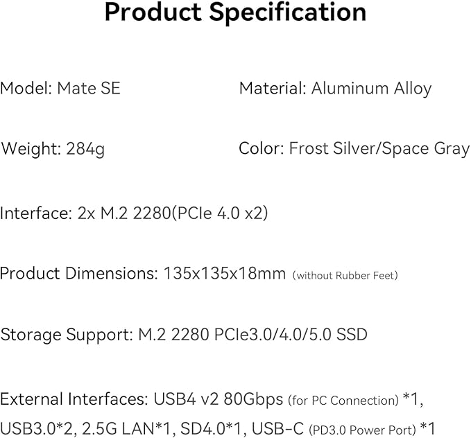 Beelink Mate SE-A Docking Stations for Beelink SER8/SER9 Pro Aluminum Alloy Body + Dual M.2 Slots (up to 2 * 8TB), with USB-C + 2* USB-A 3.0 + 2.5G LAN + SD4.0 + Type-C (PD3.0), Silver