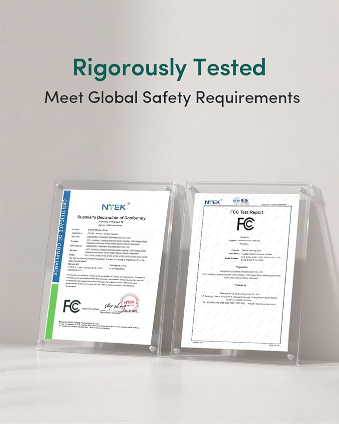 FEZIBO Standing Desk, 63×28 Inches Electric Height Adjustable, Sit Stand Up, Computer Office Desk with Splice Board, White Frame/Light Rustic TOP
