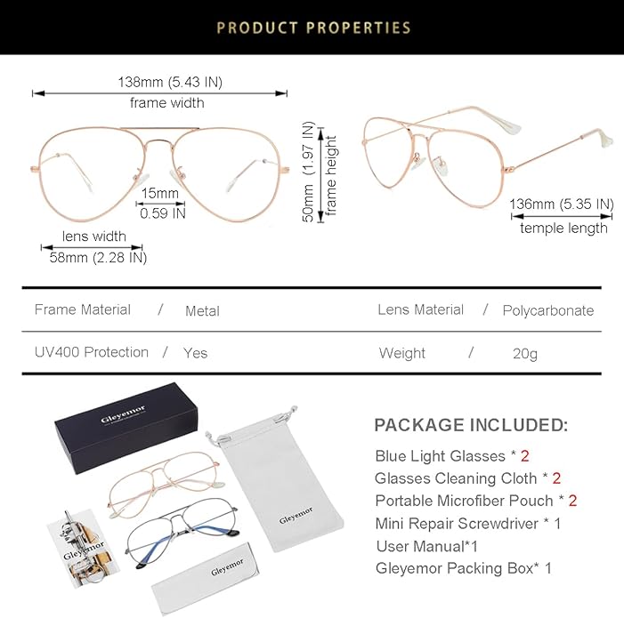 Gleyemor Blue Light Aviator Glasses for Women Men, Metal Frame Anti Blue Light Lens Computer Glasses
