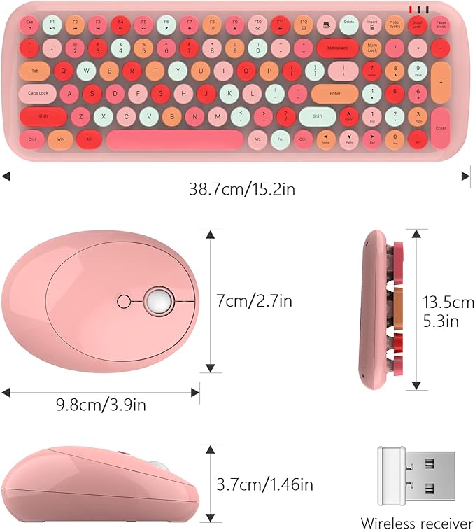 MOFII Wireless Keyboard and Mouse Combo, Full-Size Retro Typewriter-Style Wireless Keyboard with Optical Mouse for Computer/Laptop/Windows/Mac (Pink Colorful)