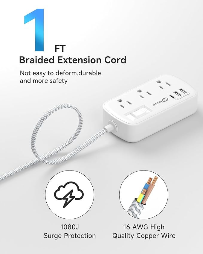 Short Extension Cord 1 ft - Flat Plug Small Power Strip Surge Protetor with 6 Outlets 3 USB (5V/3.4A 17W) Charging Ports, Multi Plug Wall Outlet Splitter for Home Office Dorm Roomc, White