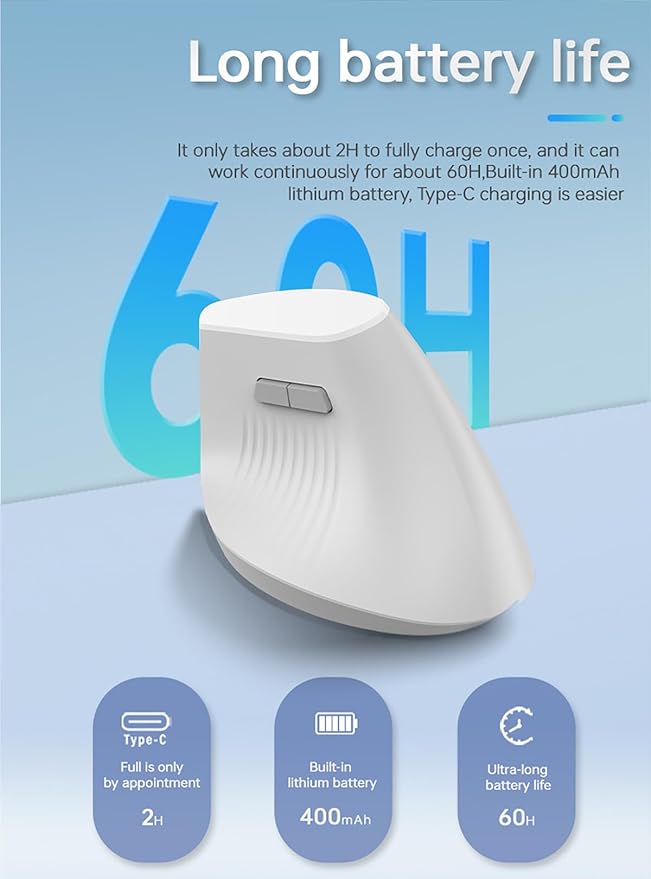 Lomiluskr Ergonomic Wireless Mouse Rechargeable, 2.4G/Bluetooth Dual Mode, Lightweight Soundless Cordless Mice, Compatible with Notebook, PC, Tablet, Smartphone (White)