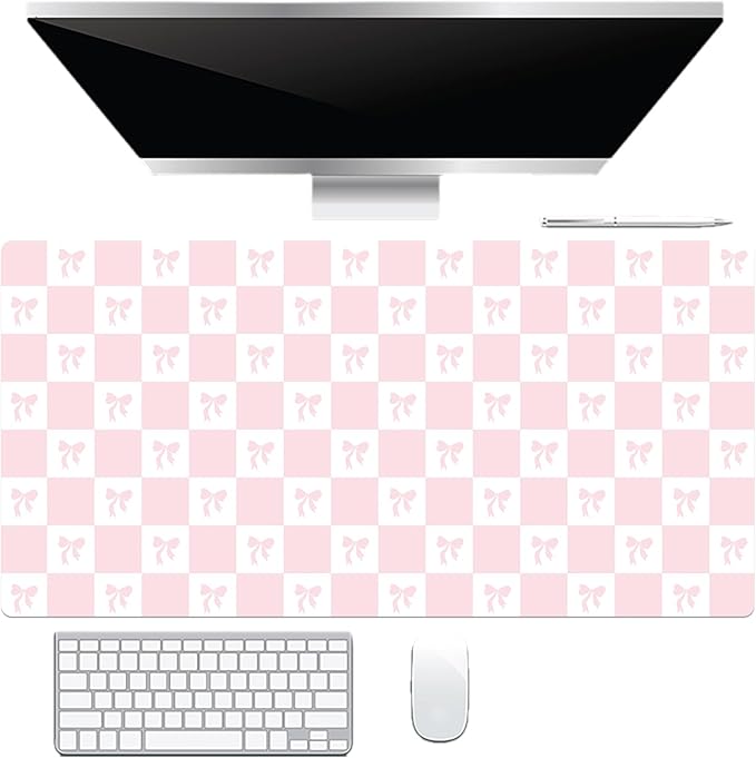 HVEST Pink Checkered Mouse Pad Cute Bow Desk Mat XXL Large Gaming Mouse Pad for Computer Keyboard Laptop, Mousepad with Stitched Edges, Home Office Desk Accessories for Girl Women 31.5'' x 15.7''