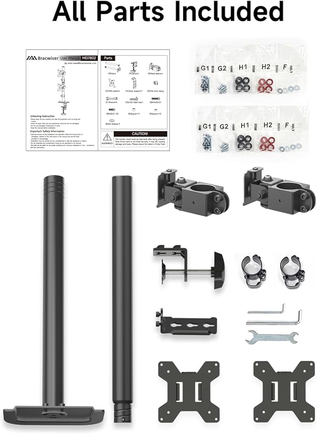 Bracwiser Dual Vertical Fully Adjustable Monitor Arm Stand Mount Fits Two Screen 13-32 inch 22lbs for Monitor Computer Screen 13 15 17 19 20 22 23 24 26 27 32 inch VESA 75 100 (MD7802)