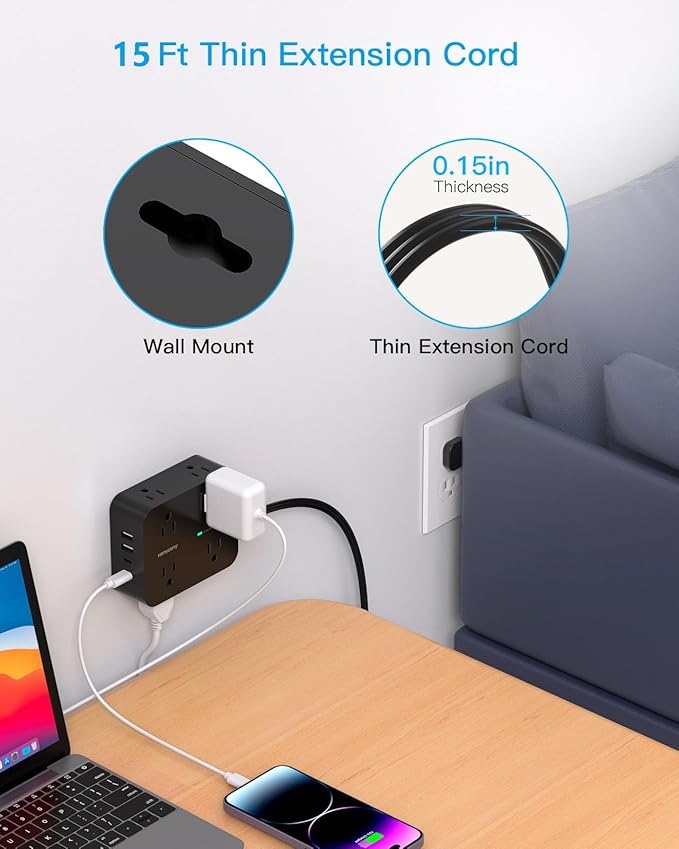 Surge Protector Power Strip 15 Ft Cord, HANYCONY Extension Cord with 8 Outlets 4 USB Ports(2 USB C), Long Cord Power Strip with Flat Plug, Wall Mount, Desk for Home Office