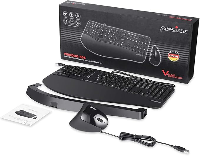 Perixx PERIDUO-505ES - Combo Teclado y Ratón ergonómico con Disposición de Teclas Dividida - Reposamuñecas Ajustable - QWERTY Español