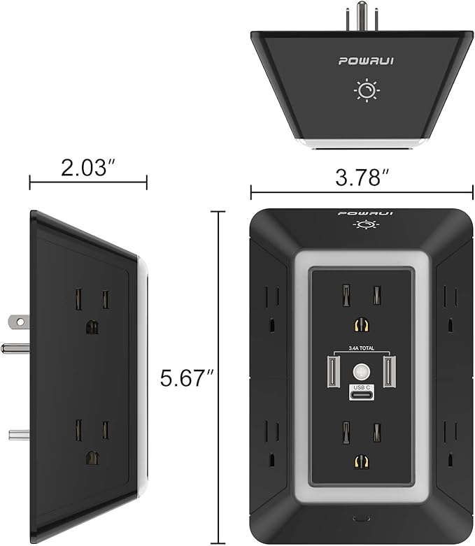 Outlet Extender Power Strip, POWRUI 6 AC Surge Protector Outlets with 3 USB Ports (1 USB C) and Night Light, 3-Sided Multi Plug Wall Outlet with Spaced Outlets - Black, ETL Listed