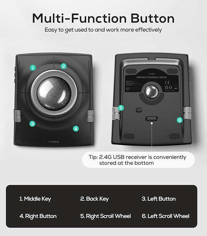 Nulea Wireless Trackball Mouse, Ergonomic 55mm Trackball, Adjustable DPI for Precise Control, Left or Right Hand Compatible, Rechargeable, Multi-Device Bluetooth & 2.4GHz (Silver)