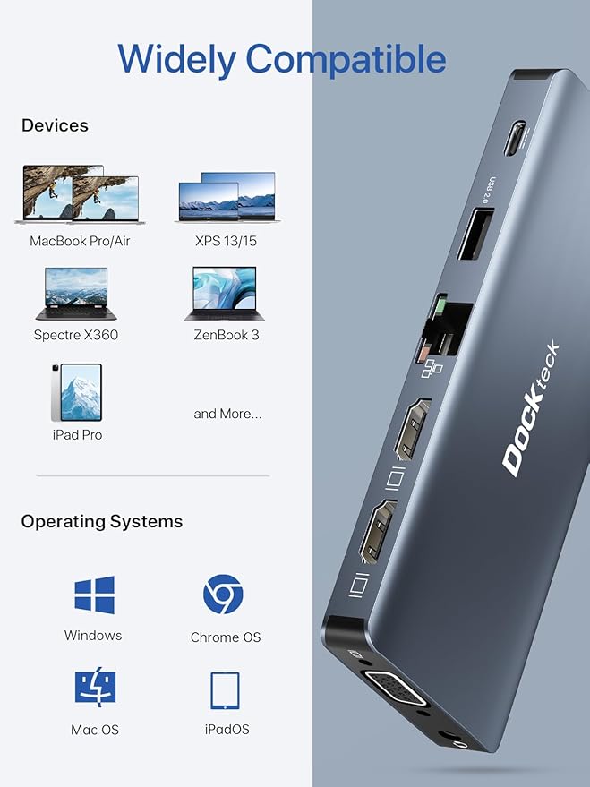 USB C Docking Station, dockteck 12 in 1 USB C Hub Adapter with 2 HDMI 4K, VGA, Ethernet, 4 USB-A Ports, Audio, 100W PD, SD/TF Card Reader for MacBook Pro Air, XPS, Surface