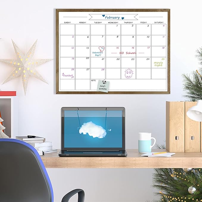 Dry Erase Monthly Calendar Whiteboard for Wall, Solid Pine Wood Rustic Brown Frame Magnetic Surface Whiteboard for Wall,23.6"x 31.5"(YLBB-B-RB-6080)