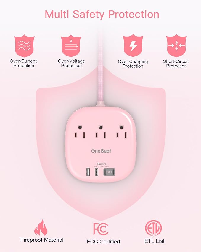 Flat Plug Power Strip, 6ft Pink Flat Extension Cord - 3 Outlets 4 USB Ports (2 USB C) 22.5W/4.5A Desktop Charging Station, Power Strip No Surge Protection for Cruise Ship, Dorm Room Travel Essentials