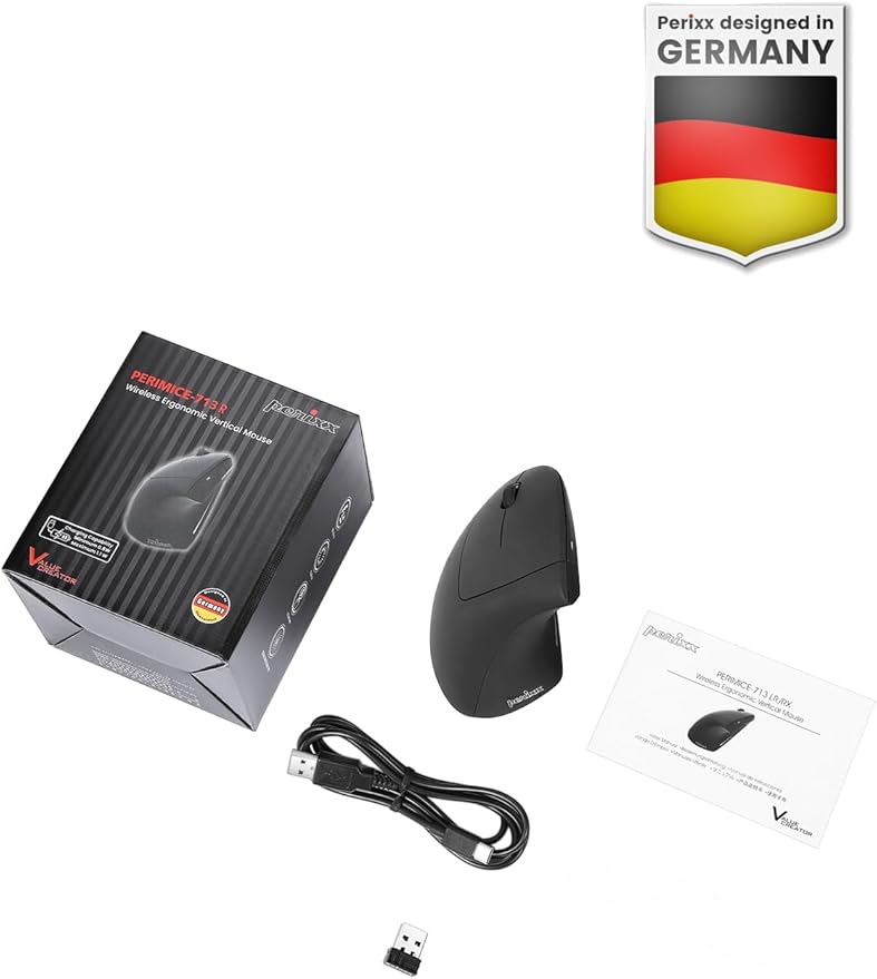 Perixx PERIMICE-713LR - Left Handed Cordless Rechargeable Vertical Mouse - Duo Wired and Wireless Charging Feature - 6 Buttons Design - Left Handed