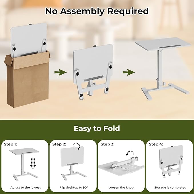 Foldable Standing Desk,Small Mobile Sit-Stand Desk with 90 Tiltable Top,Rolling Rising Laptop Workstation Adjustable Height,Portable Table on Hidden Wheels/4 Lockable Casters,White