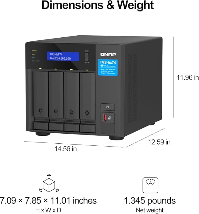 QNAP TVS-h474-PT-8G-US 4 Bay High-Speed Desktop NAS with Intel Pentium Gold 2-core CPU, 8GB DDR4 Memory, 2.5 GbE Networking and PCIe Gen 4 expandability (Diskless)