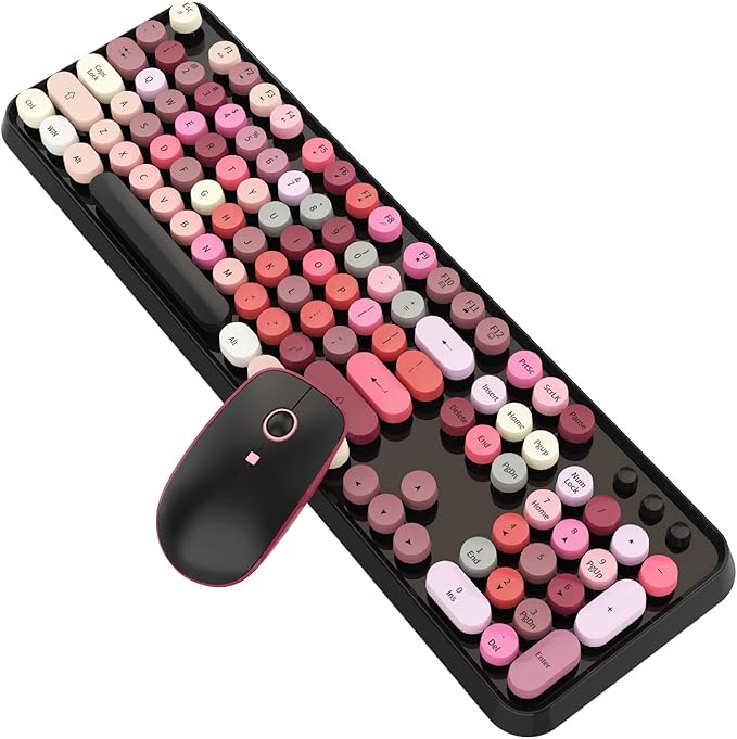 Retro Wireless Keyboard and Mouse Set,2.4Ghz Colorful Lipstick Style Typewriter Keyboard with Cute Round Keys,Full Size Mixed Color Aesthetic Keyboard&3 DPI Mouse for PC Laptop Desktop Computer-Black