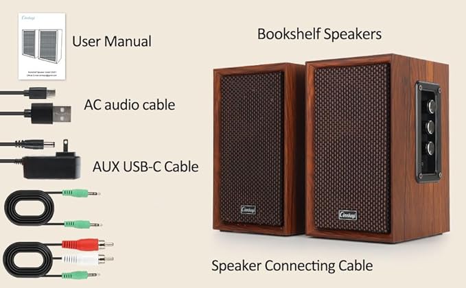 【2026 Upgraded】 Passive Bookshelf Speakers – 40W Hi-Fi Computer Speakers with Powerful Bass, Bluetooth/USB/RCA/AUX Inputs – 2.0 Wooden PC/TV Speakers for Laptop, Turntable