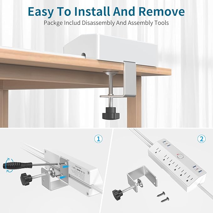 40W Fast Charging Station, Desk Clamp Power Strip 10FT Extension Cord, JXGUCAT Removable Desk Mount Flat Plug Power Strip Surge Protector, 2 USB-C Ports, 6 Outlets, Fits 1.8" Tabletop Edge