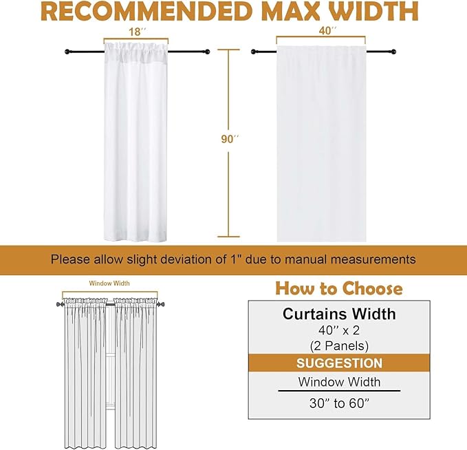 Aiyufeng Pure White Curtains for Bedroom 90 Inches Long 2 Panels Set, Room Darkening Window Treatment, Light Filtering Curtain Drapes, Soft Casual Rod Pocket Privacy Curtains, W40 x L90 Inch