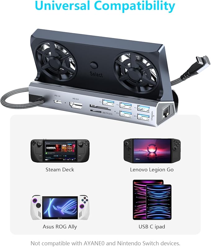 Dual Cooling Fans 13 in 1 Steam Deck Docking Station with 4K@60Hz 5 USB Ports,1000Mbps,SD/TF Slot,USB-C 100W PD, 40Gbps Adapter for Steam Deck/Rog Ally/Switch/Legion Go