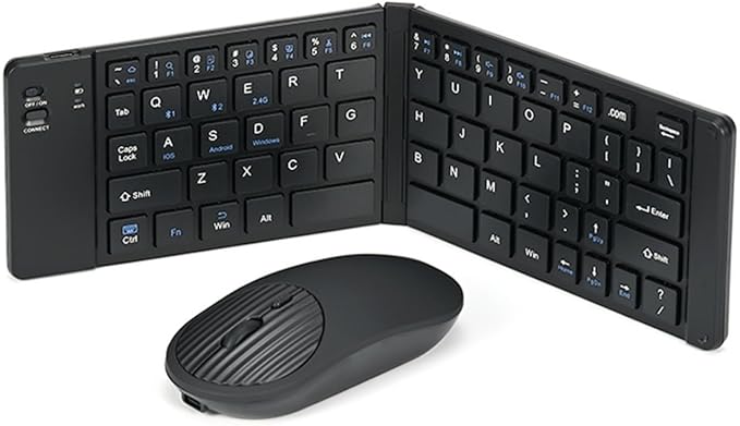Mini Rechargeable Foldable Bluetooth Keyboard and Mouse Combo, Portable (Sync Up to 3 Devices), Ultra-Slim Travel Folding Keyboard for iPhone iPad Mac Android Windows iOS(Black)
