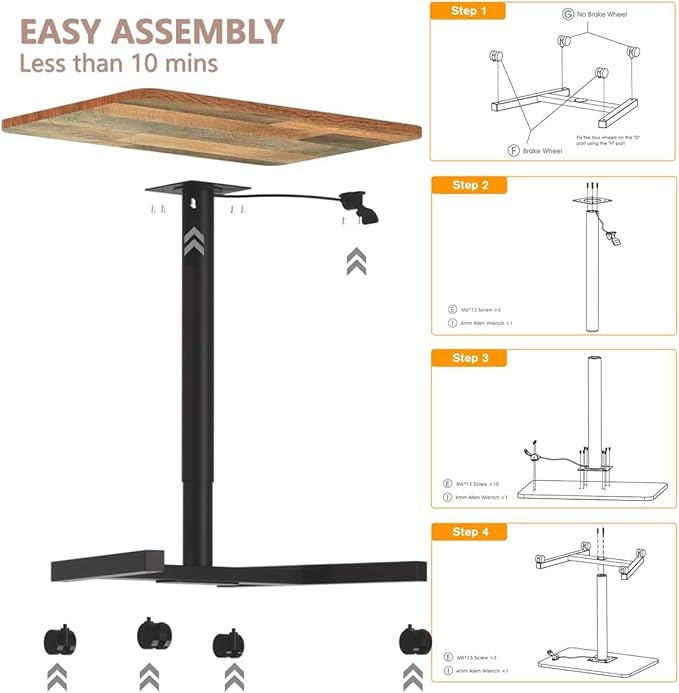 28-Inch Mobile Standing Desk Adjustable Height, Portable Standing Desk with Lockable Wheels, Rolling Table for Home Office Classroom Hospital (Rustic Brown, Aluminum Pro)