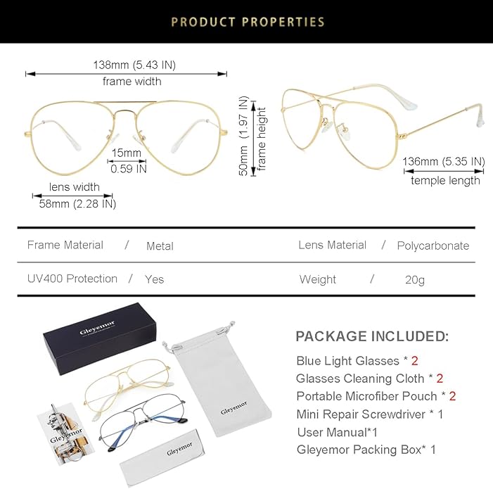 Gleyemor Blue Light Aviator Glasses for Women Men, Metal Frame Anti Blue Light Lens Computer Glasses