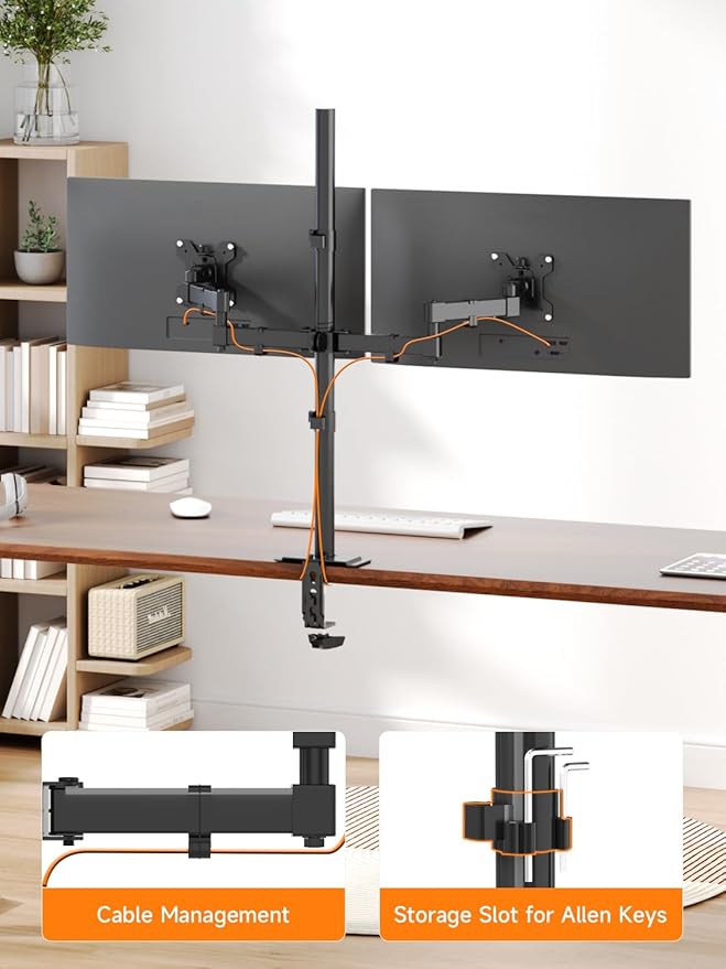 Bracwiser Dual Fully Adjustable Monitor Arm Stand Mount 31.5 Inch Tall Pole Fits Two Screen 13-27 inch 22lbs for Monitor Computer Screen 13 15 17 19 20 22 23 24 26 27 inch VESA 75 100 (MD7842)
