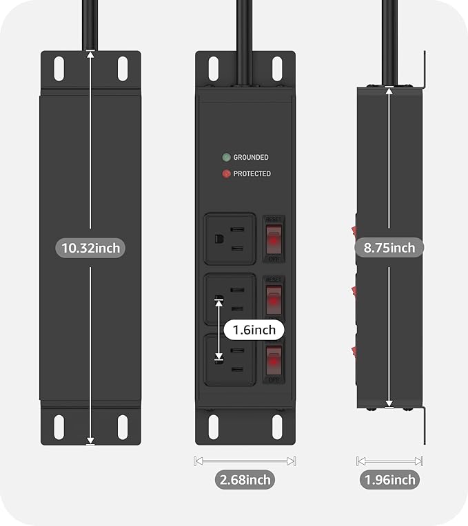CCCEI 3 Outlet Heavy Duty Surge Protector Power Strip 20 Amp Individual Switches. 12 Gauge Extension Cord, Overload, Ground Protection. Garage Wall Mount Electric Extender, 6FT, Black.
