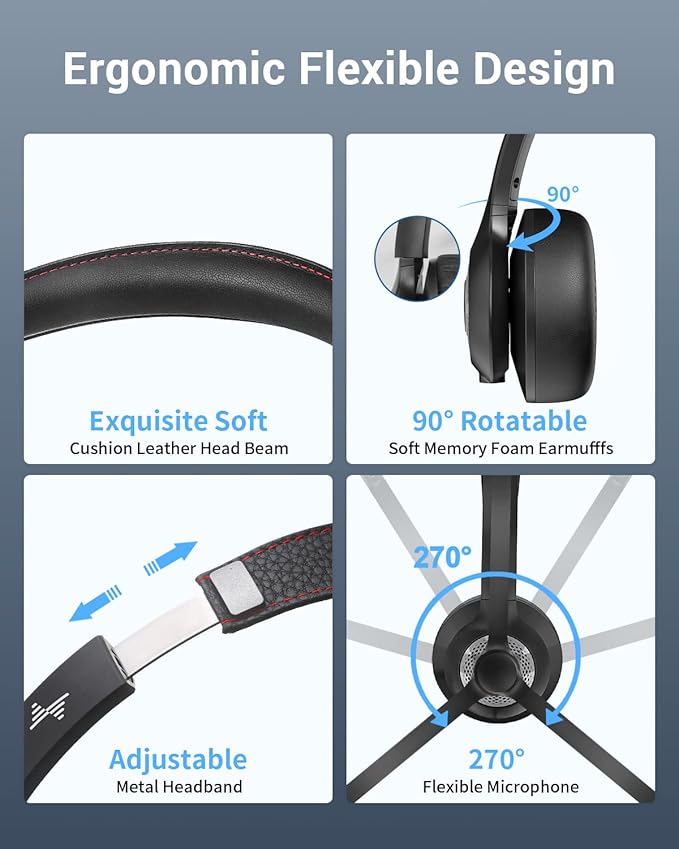 Wireless Headset with AI Noise Cancelling Microphone Bluetooth Headset - Bluetooth V5.2 Headphones with Mic Mute for Computer/Laptop/PC/iPhone/Android/Cell Phones (Without USB Dongle)