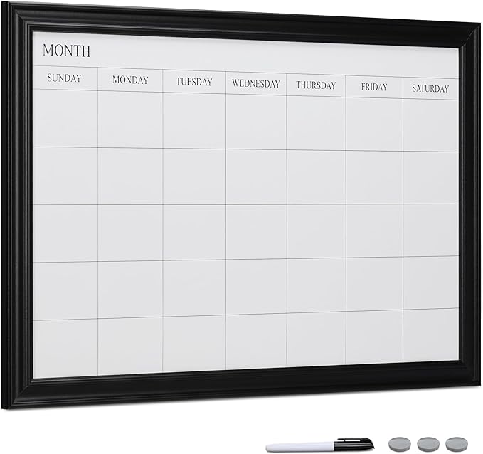Navaris Framed Calendar Whiteboard for Wall - 29.5" x 19.7" Magnetic Dry Erase Monthly Planner - White Board with Frame - Includes Magnets and Marker