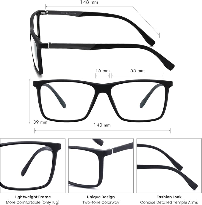 GUDVUE Mens Blue Light Glasses Rectangle Computer Glasses Gaming Glasses, Black PRO