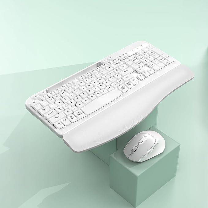 Wireless Keyboard and Mouse Combo, Wave Keys Full-Sized Ergonomic Keyboard with Cushioned Plam Rest, Phone Holder, Comfortable Natural Typing, 2.4G Cordless Set for Computer, Laptop, Pc, Mac, Windows
