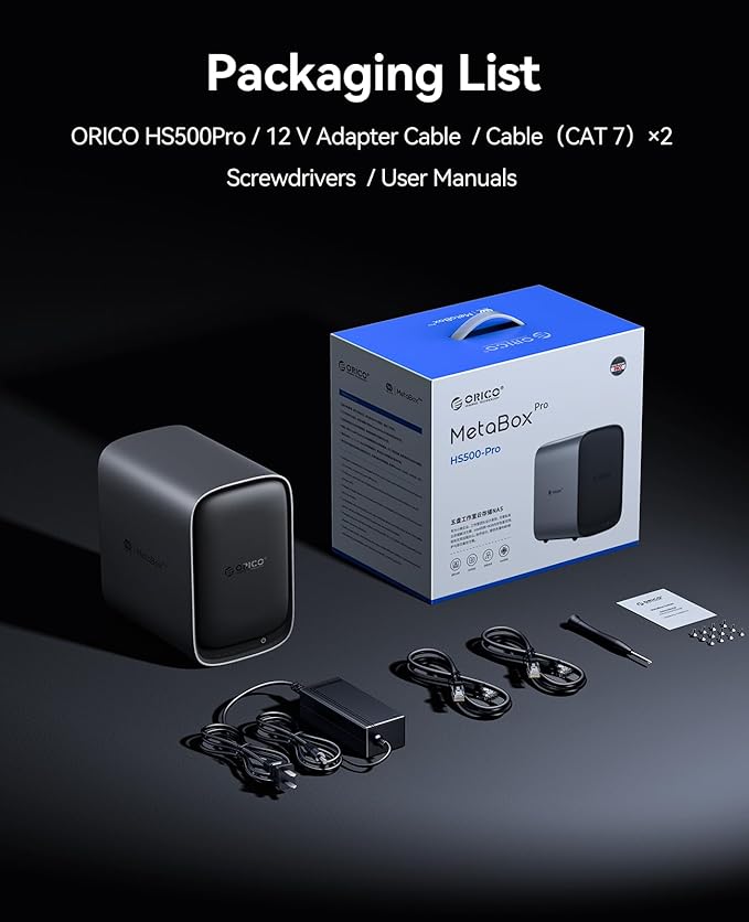 ORICO HS500 NAS Storage, AI Album and Virtual Machine, Flexible RAID Setup, 5* HDD Slot, 2 * M.2 NVMe SSD Slot, 2 * 2.5 GbE, 4K HDMl, Network Attached Storage (Diskless)