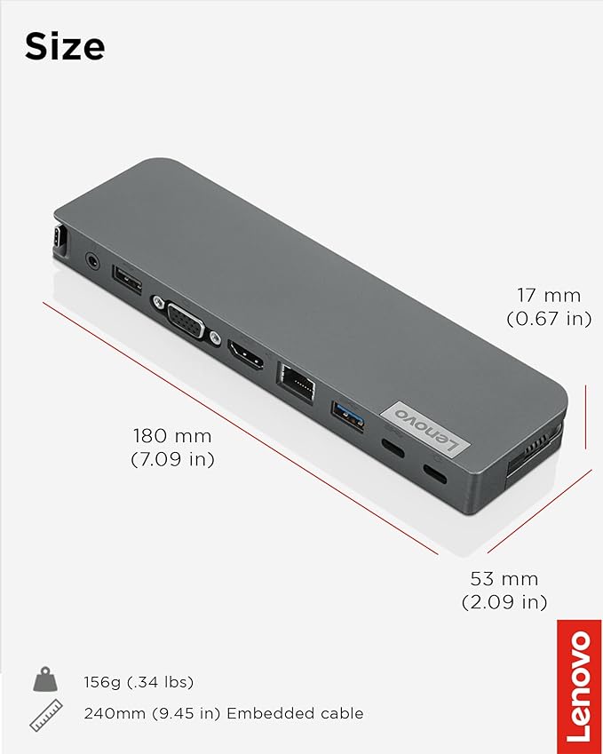 Lenovo 7-in-1 Portable USB-C Mini Dock - HDMI & VGA, 45W Charging, Compatible with Lenovo, Apple & USB-C Laptops, G0A70065US