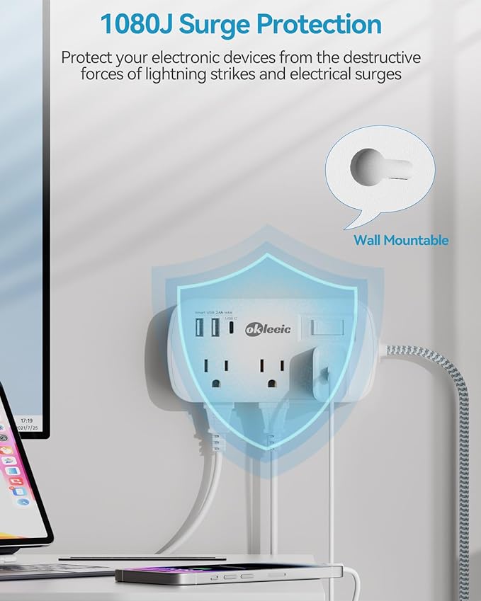 Short Extension Cord 2 Foot - Flat Plug Small Power Strip Surge Protetor with 6 Outlets 3 USB (5V/3.4A 17W) Charging Ports, Multi Plug Wall Outlet Splitter for Home Office Dorm Roomc, White