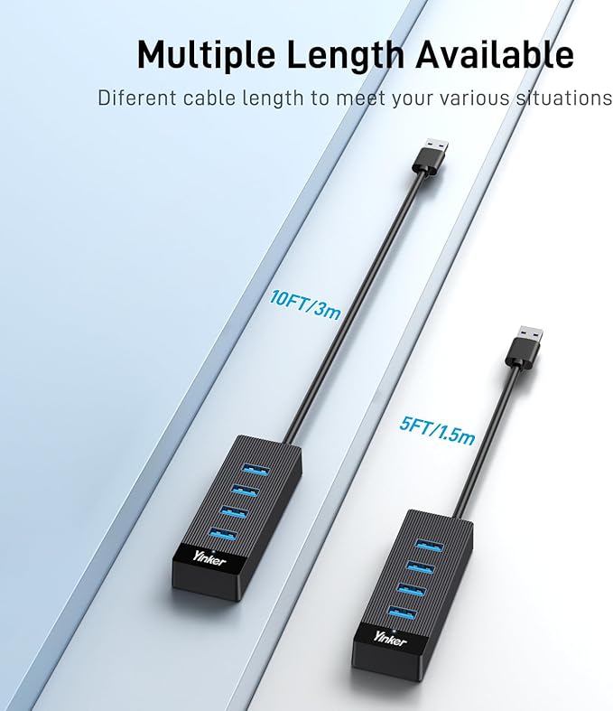 4 Port USB 3.0 Hub 5FT/1.5M Cable with 5 Gbps Speed & 5V USB-C Power Supply – USB hub Splitter for Office, Home Office, Gaming, and External Devices