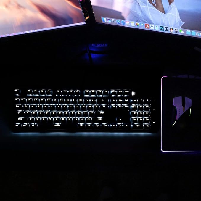 104 Keys Wired Mechanical Gaming Keyboard | White LED Backlit US Layout | Hot Swappable Blue Switch Full Size Mechanical Keyboard | Black & Grey Keycaps Light Up PC Gaming Computer Keyboards